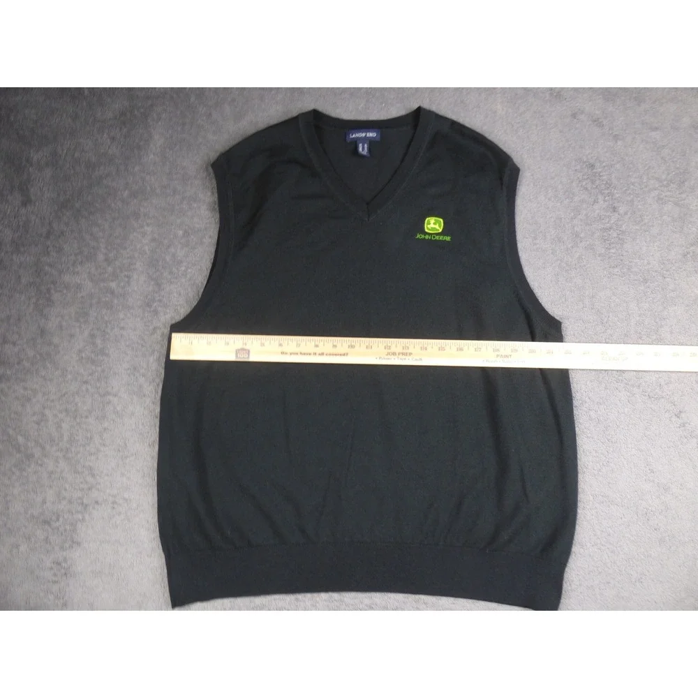 John Deere Mens XL Black V-Neck Sweater Vest Acrylic Nylon Knit Pullov Lands End